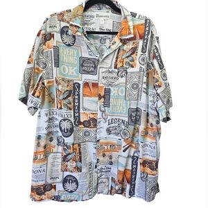 Route 66 Motorcycle Shirt XL Rayon Button Up Retro Americana Graphic Hawaiian